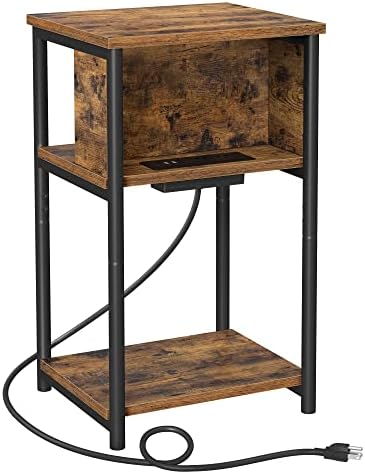 VASAGLE Side Table with Charging Station, 3-Tier End Table with USB Ports and Outlets, Nightstand for Living Room, Bedroom, 11.8 x 13.4 x 22.8 Inches, Plug-In Series, Rustic Brown and Black ULET373B01