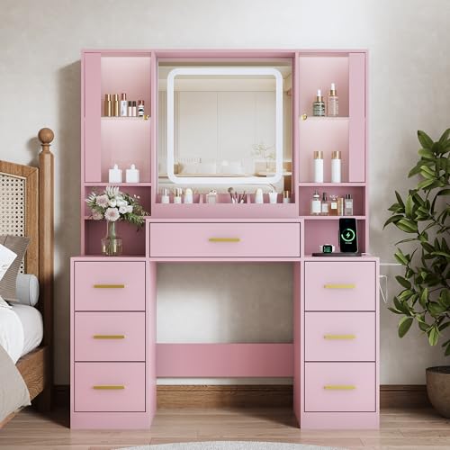 Image of BORNOON Vanity Desk with Mirror and Lights, Makeup Vanity with 7 Drawers, 2 Glass Door Cabinets, Charging Station, Adjustable Shelves, RGB Lighting, Holder