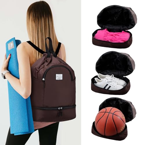 Image of Kamo Drawstring Backpack Bag - Sport Swimming Yoga Backpack with Shoe Compartment, Two Water Bottle Holder for Men Women Large String Backpack Athletic Sackpack for Travel