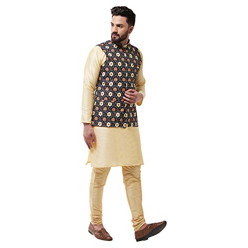 Image of SOJANYA (Since 1958 Men's Silk Blend Gold Kurta Pyjama & Printed Nehrujacket Combo