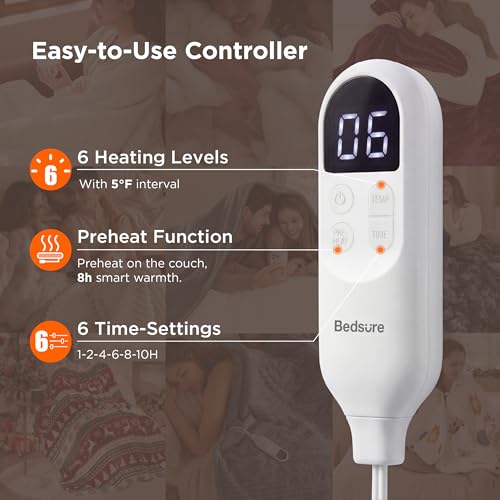 Image of Bedsure Heated Blanket Electric Throw - Thick Striped Flannel Electric Blanket, Heating with 6 Time Settings (Up to 10H), 6 Heat Settings & 8Hr Timer Auto Off, Gift for Grandma (50x60 inches, White)