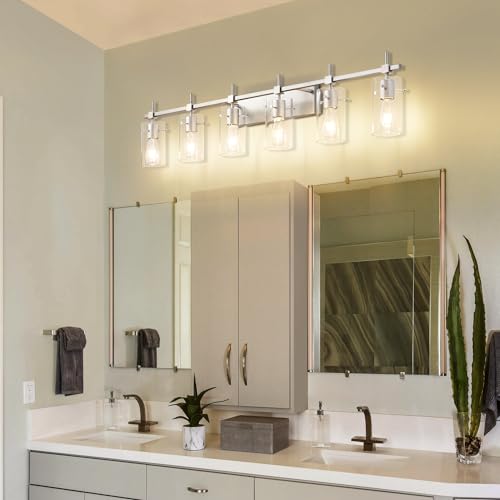 Image of SOLFART 49.2 inch 6 Lights Vanity Light fixtures for Bathroom Vintage Bathroom Light Fixture Brushed Nickel Light Fixtures Above Mirror with Glass Shade (Exclude Bulb)