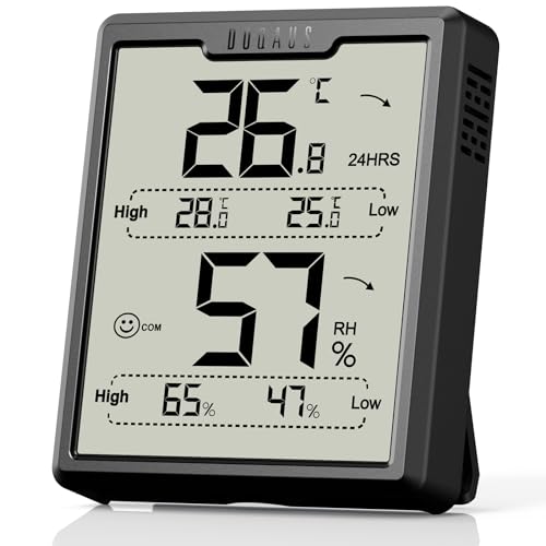 DOQAUS Digital Room Indoor Thermometers Large Display Humidity Meter Hygrometer Thermometer with Icons 5s Refresh Hygrometer Room Temperature Monitor for Home/Office/Nursery/Baby Room(Black-A)