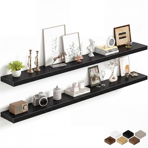 Image of Fun Memories 72Inch Long Floating Shelves, 8 Inch Deep Shelves for Bedroom|Living Room, Wall Mounted Wood Hanging Shelf with Invisible Brackets for Fireplace Mantel Home Storage Decor, Black - 2 Pack