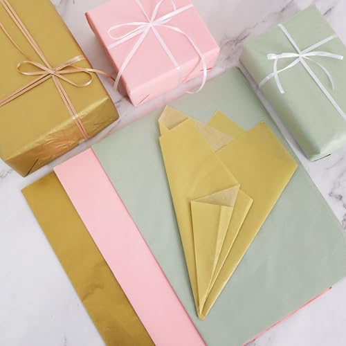 Image of BEISHIDA 90 Sheets Sage Green Pink Gold Tissue Paper Bulk, Wrapping Tissue Paper for Gift Bags, 14 x 20 Inch Gift Wrap for Wedding Birthday Christmas Party DIY Crafts Decor Holiday Flowers