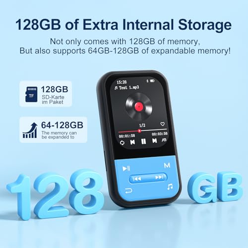 Image of 128GB Clip MP3 Player with Bluetooth 5.3, Music Player with FM Radio & Voice Recorder, E-Book, Portable Music Player Running & Workout, Supports up to 512GB, Earphones Included