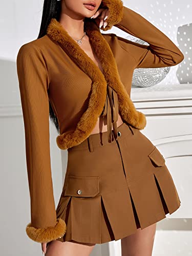 Mulheres Top Cortado Contraste Acabamento difuso Nó frontal (Color : Brown, Size : M)