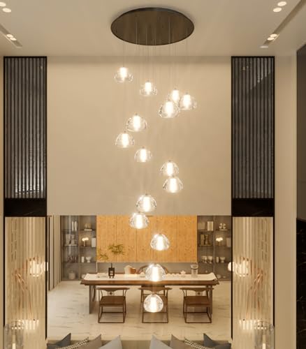 Image of Modern Crystal Chandelier for Staircase 118 inch Long Black LED Lighting for Foyer Adjustable Ceiling Lighting Fixture for Living Room Hallway Entryway Staircase