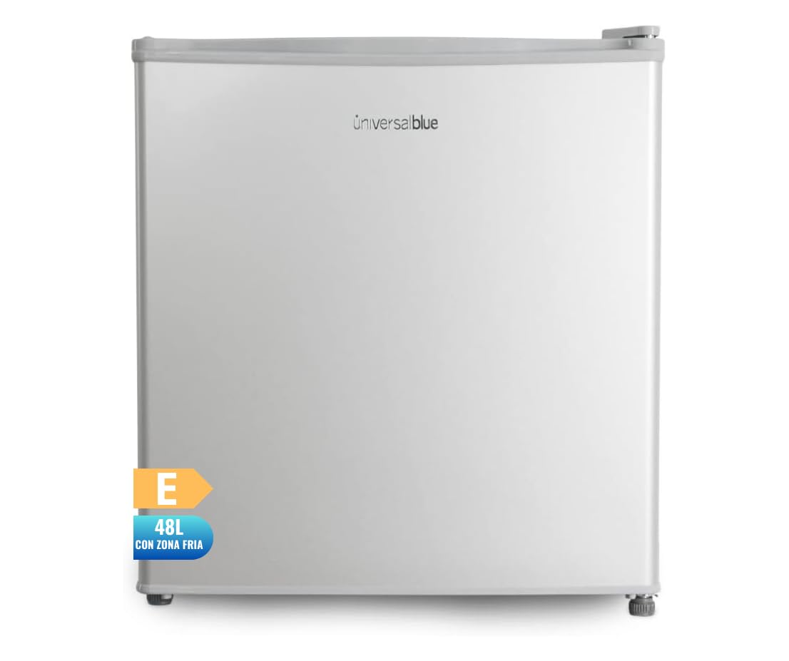 UNIVERSALBLUE Mini Bar 48 litros Plata | Frigorífico Pequeño | Nevera Eléctrica | Congelador minibar Plateado | Zona Fría de 0º a -3ºC | Temperatura ajustable | Bajo Consumo | Luz Interior