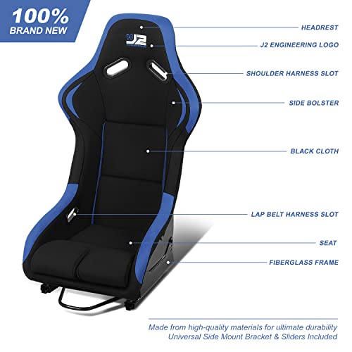‎J2 Engineering J2-Rs-001-Bl Pair Of Universal Fixed Position Bucket Racing Seat W/Side Mount Brackets & Sliders For 4 Or 5 Point Harness, Black/Blue #TOP1
