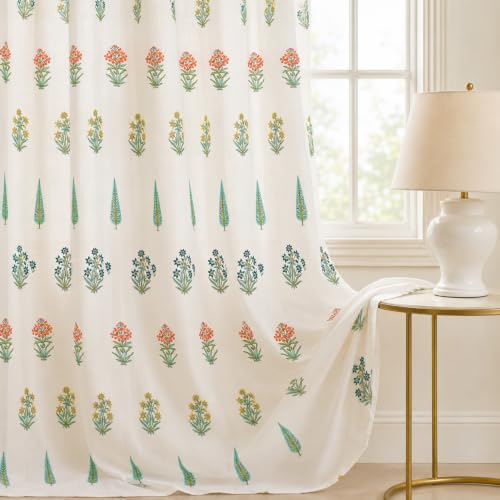 Image of Clasiko Block Print Sheer Door Curtains| 5 Feet | 40% Light Filtering Linen Textured Curtains with Eyelets | Elegant Floral