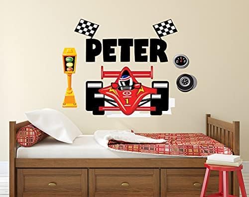 Calcomanía de pared personalizada con nombre de carreras para niños, tema de autos de carreras, calcomanías de pared para guardería, mural de