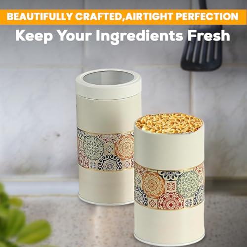 Image of Mandala Collection Airtight Kitchen Container Set| 850ML- Set of 2| Food Grade Metal Jars for Cereals, Cookies, Dal & Dry Food Storage| Vacuum Lid, Rust Resistant| Beige Rangoli Canisters