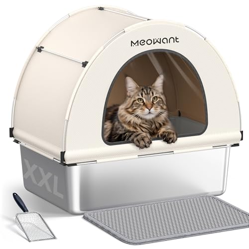 Meowant Enclosed Stainless Steel Cat Litter Box, Extra Large 3-in-1 Covered Litter Box with High Sided Oxford Fabric Cover, Metal Scoop, Leakproof, Odor Resistant, Non-Sticky, Easy Cleaning