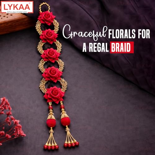 Image of Artificial Rose Floral Hair Parandi with Tassels | Bridal Braided Choti Hair Accessory for Wedding, Mehndi & Festive occasion-1 Pc Magenta & Golden