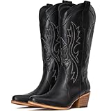 IUV Cowboy Boots For Women Western Cowgirl Boots with Chunky Heel Mid Calf Snip Toe Ideal for low insteps