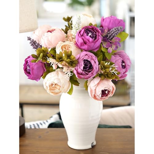 Image of FiveSeasonStuff Vintage Artificial Peonies Silk Peony Flowers and Hydrangeas for Wedding Bridal Home Decor - Beautiful Floral Centerpiece Arrangement 2 Bouquets (Mixed Pale Pink and Thistle Purple)