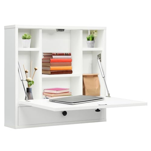 CASART Wall Mounted Computer Desk, 2-in-1 Cupboard Cabinet Dressing Table with Storage Shelves and Drawer, Home Office Bedroom Folding Drop-leaf Table (60x15x57cm, White)