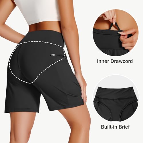 Womens 5" 7" 9" Swim Board Shorts with Zipper Pockets High Waisted Quick Dry Beach Bermuda Long Swimming Trunks UPF 50+3