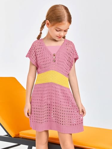 Image of Haloumoning Girls Crochet Swim Beach Cover Up Kids Fashion Button Short Sleeve Swimsuits Cover Ups 5-14 Years