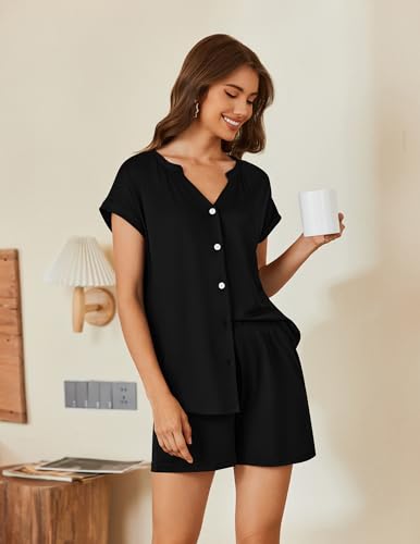 Ekouaer Pajamas for Women Set Button Up Pj Sets Soft V Neck Short Sleeve Sleepwear 2 Piece Loungewear4