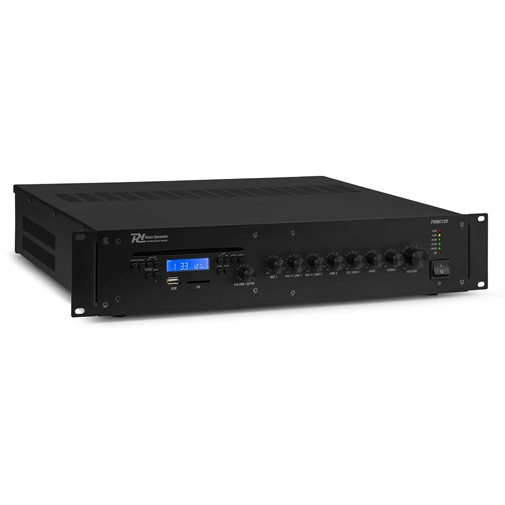 Power Dynamics PRC120 Amplificador 100V 120W con CD y Bluetooth | Reproductor CD integrado, alimentación Phantom, control de tono, compatible con instalaciones de música ambiental.