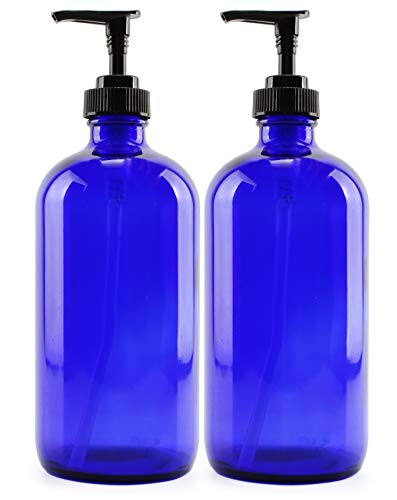 16-Ounce Cobalt Blue Glass Bottles w/ Lotion Pump Dispensers (2-Pack); Refillable Liquid Soap, Hand Care, Pump Bottles + Chalk Labels & Lids, BPA-Free Plastic Tops