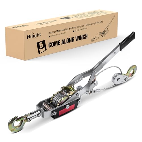 Nilight Come Along Winch 5 Ton /10 000 Lbs Heavy Duty Come Along Cable Puller Hand Winch Tool with 10 Ft Rope Double Gear 3 Hook for Lifting Pulling Road Vehicle Recovery Automotive Hoist Winch Puller