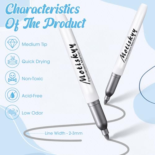 Image of Motiskyy 48 Pcs Metallic Permanent Markers Bulk Metallic Marker Pens Medium Tip Quick Dry Paint Pen for DIY Crafts Artist Illustration Gift Card Making(Silver)