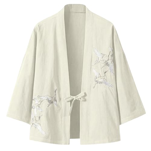 PRIJOUHE Men's Japanese Kimono Jacket Cardigan Yukata Noragi Casual Fashion Seven Sleeves Lightweight Open Front Coat