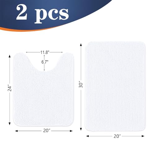 Image of OLANLY Bathroom Rugs Sets 2 Piece, Soft Absorbent Chenille Bath Mats and U-Shaped Contour Toilet Mat Area Rug Set, Machine Washable Bath Carpet, Home Decor Accessories(30 inchx20 inch+24 inchx20 inch, White)