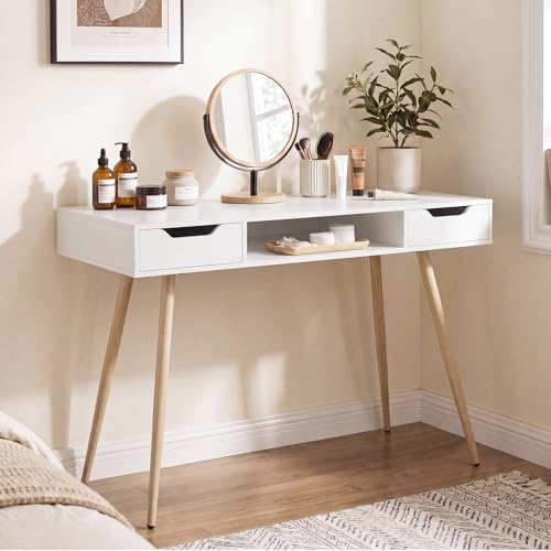 Image of Tangkula Mid Century Modern Desk Simple Computer Desk | White Writing Desk Vanity Table w /2 Drawers & Open Center Storage, Small Wooden Study Table for Home Office & Compact Spaces