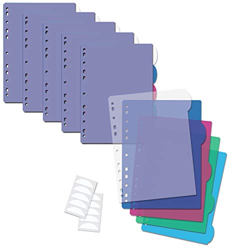 5 Tab Plastic Binder Index Dividers, Large Rounded Index Tabs, 12 Pack, by Better Office Products, Multicolored Poly Dividers for 3 Ring Binder, with White Labels, 12 Sets