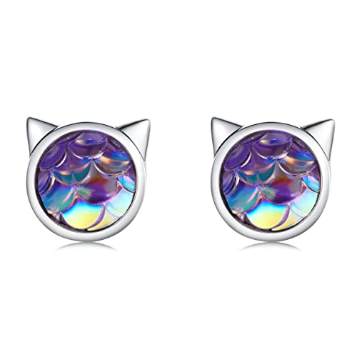 Boucles d'oreilles argent chat et opale élégantes pour femme