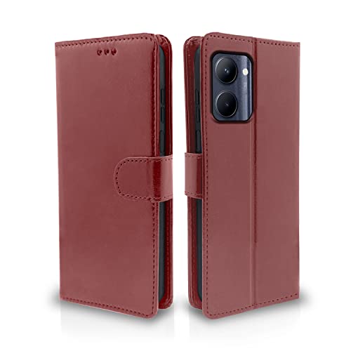 Image of Pikkme Realme C33 Flip Case Leather Finish | Inside TPU with Card Pockets | Wallet Stand and Shock Proof | Magnetic Closing | Complete Protection Flip Cover (Brown)