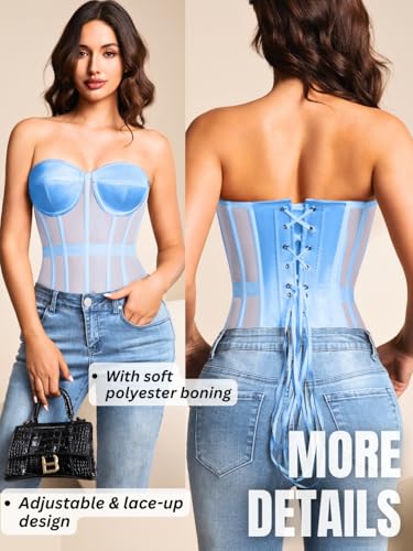 Image of Kaei&Shi Sheer Mesh Overbust Corset,Sexy Strapless Lace Up Satin Bra Corsets Top For Women Shapewear