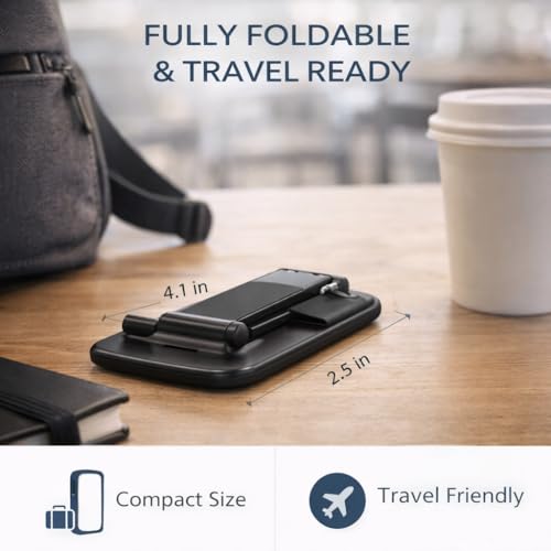 Image of Mizi Portable Cell Phone Stand for Desk - Height & Angle Adjustable Mobile Foldable Holder, Compatible with iPhone 17 16 15 14 13 12 11 Pro Max, Galaxy S25 S24, All 4-10 inch Devices - Black