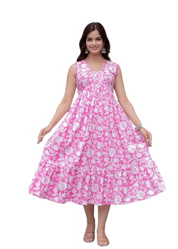 Image of Floral Print Rayon Midi Dress, Sleeveless, Lime Green and White, A-Line Empire Waist