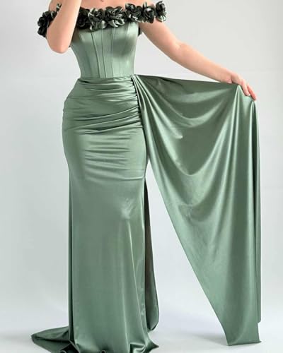 Off The Shoulder Prom Dresses for Women 3D Flower Satin Bridesmaid Dress with Tail Mermaid Evening Gowns4