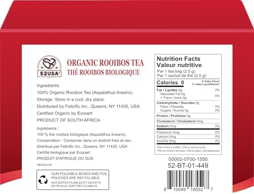 52USA Rooibos Tea Organic, 100 Tea bags, Pure Premuim Rooibos Tea, Naturally Sweet Herbal Tea, Caffeine Free Rooibos Tea, Farmed in South Africa, 9oz (250g)