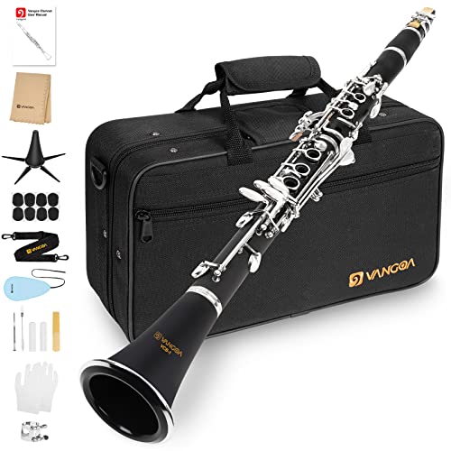 B Flat Clarinet Student Bb Clarinet 17 Nickel Keys Beginners Woodwind Band & Orchestra Musical Instruments Standard Clarinet Set with 4C Mouthpiece, Stand by Vangoa