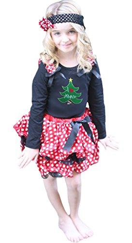 Disfraz de árbol de Navidad negro infantil con falda de pétalos y lunares rojos manga larga