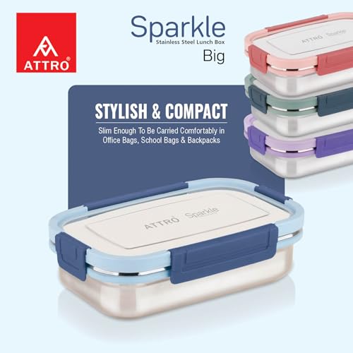 Image of ATTRO Sparkle Big Stainless Steel Lunch Box 2-Piece Set - 900ml + 200ml - Leak-Proof, BPA-Free, Compact & Durable - Ideal for Kids, Office, Travel - Blue