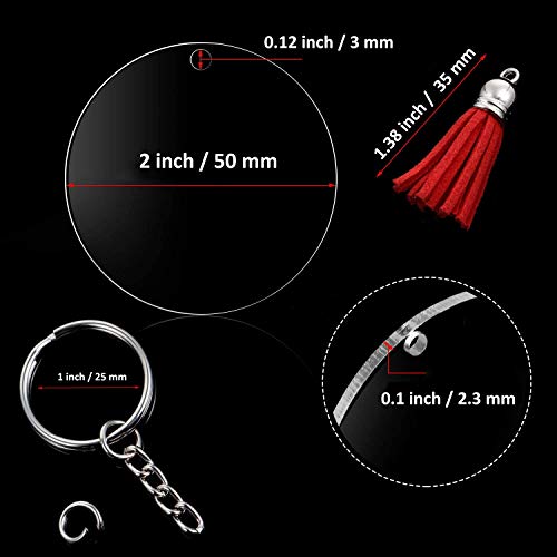 Ulimitx 24Pcs Acrylic Clear Circle Discs Transparent Round Keychain Blanks for Vinyl, with 24Pcs Key Chains, 24Pcs Tassel Pendants for DIY and Crafts