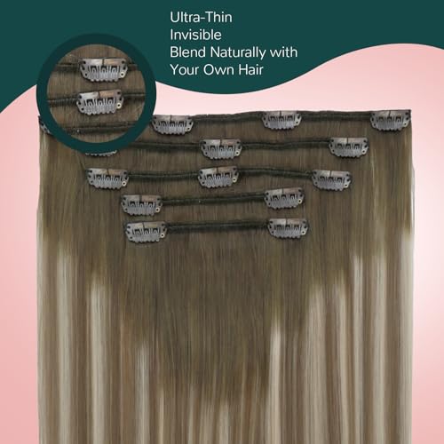 Image of Easyouth Balayage Clip in Hair Extensions 22 Inch Clip in Hair Extensions Real Human Hair Dark Brown Mix Light Brown with Medium Blonde Hair Extensions Clip ins for Long Straight Hair 85g 5pcs