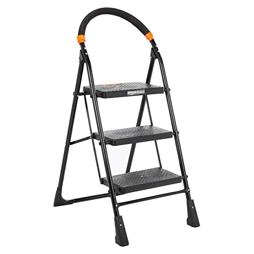 amazon basics Clamber-Foldable Step Ladder, Safety-Clutch Lock, Ribbed Steps, Knee Guard, Non-Marring PVC Shoes, 3 Steps (Steel, Black&Orange, Iron&Plastic)