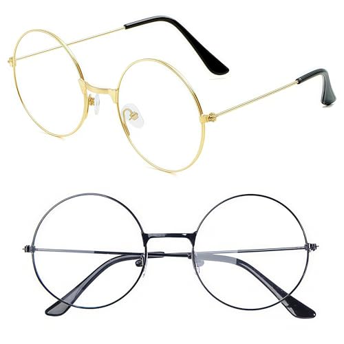 Mzjeaziany Circle Costume Glasses，Fake Round Glasses,Metal Frame Clear Lens Non-Prescription for Dress Up Cosplay Accessories