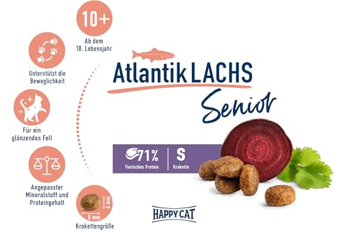 Happy Cat 70610 - Senior Atlantik Lachs - Katzen-Trockenfutter für Katzensenioren ab dem 8. Lebensjahr - 300 g Inhalt