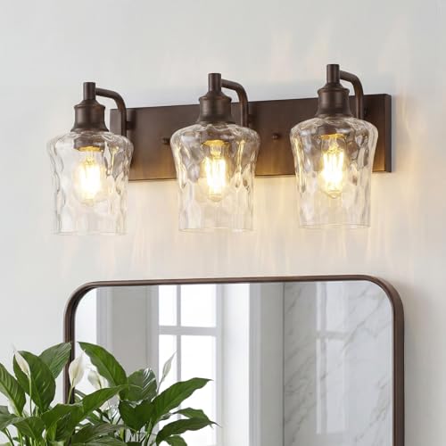 Image of Bathroom Light Fixtures Farmhouse Oil Rubbed Bronze Vanity Lights for Bathroom Lighting Fixtures Over Mirror with Hammered Glass Lampshade for Cabinet Mirror Bedroom Hallway 3 Light