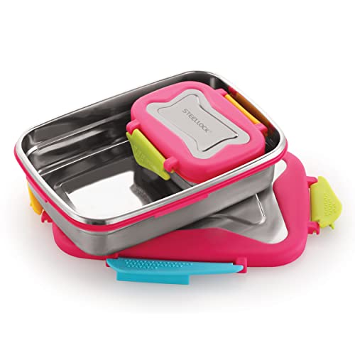 Image of STEELLOCK Smart Stainless Steel Tiffin Lunch Box 2pc Set for Kids and Adults - Airtight Leakproof Rectangle Combo with Steel Lids - Juliet 750ml & 170ml for School & Office